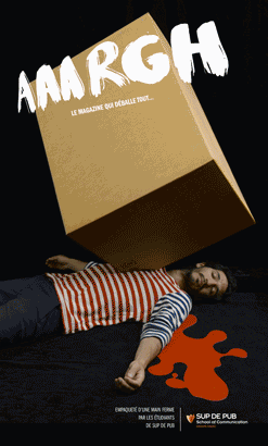 Couverture du magazine Aarggh on y voit un étudiant mort, allongé sur le sol, avec un énorme carton planté dans la poitrine.