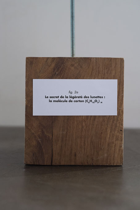 Socle de la molécule de carton avec le texte : le secret de la légèreté des lunettes, la molécule de carton. Par les soeurs siamoises.